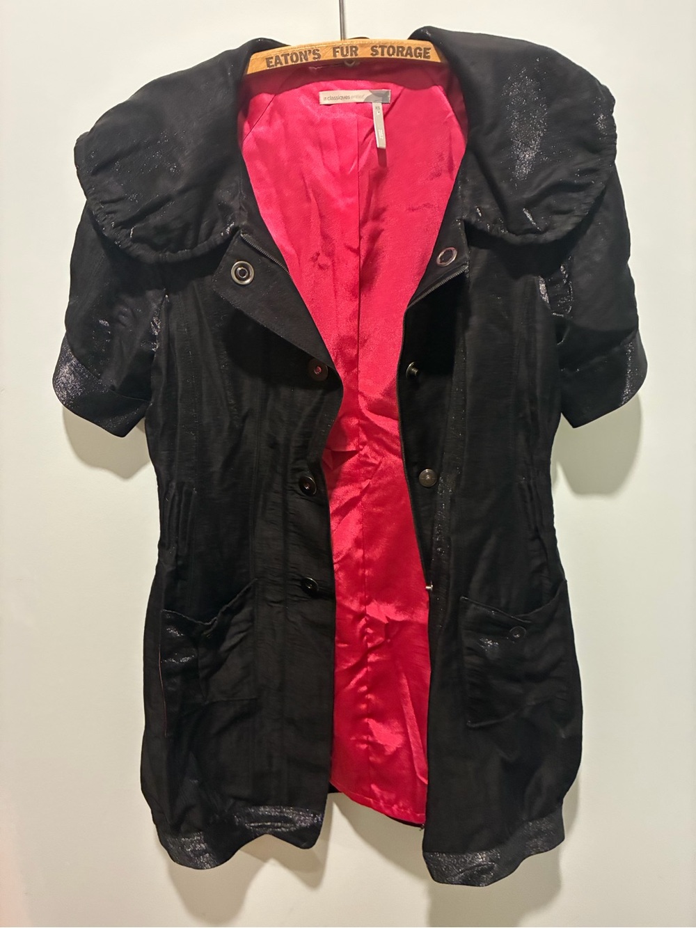 Black Short-Sleeve Trench Mini Dress with Peter Pan Collar Hot Pink Lining XS/S